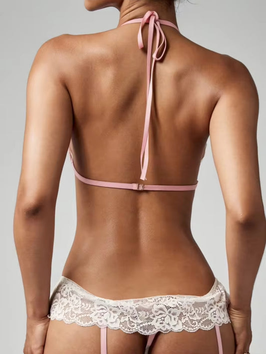 Lace Trim Halter Bra And Panty Set