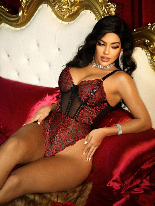 Black & Red Lace Sheer Bodysuit